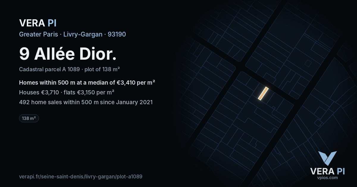 9 Allée Dior, Livry-Gargan at night – the plot lit, the parcels around coloured by the prices near them