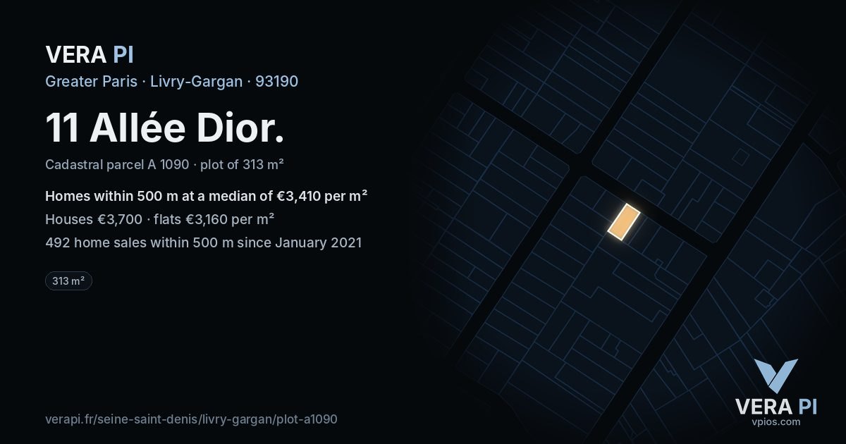 11 Allée Dior, Livry-Gargan at night – the plot lit, the parcels around coloured by the prices near them