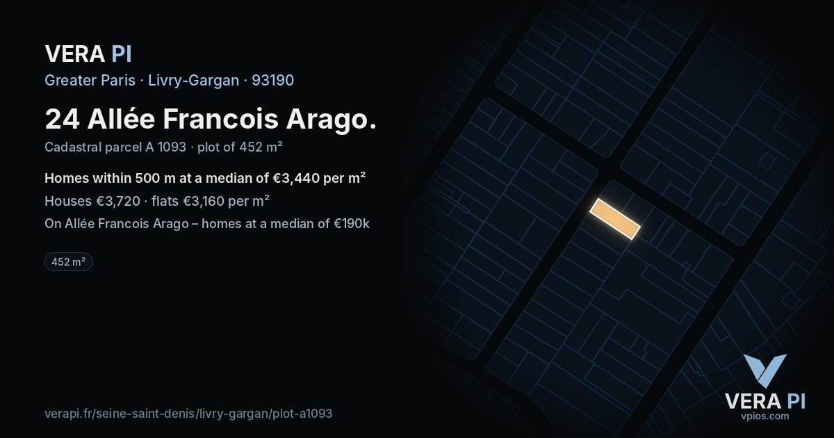 24 Allée Francois Arago, Livry-Gargan at night – the plot lit, the parcels around coloured by the prices near them