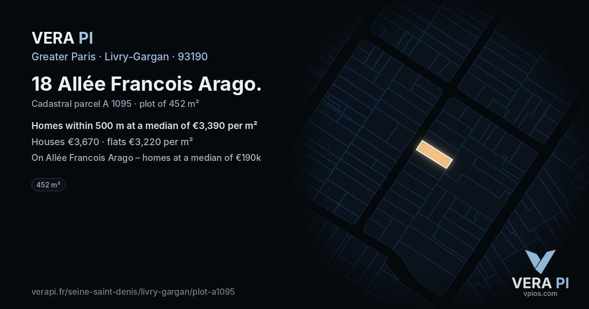 18 Allée Francois Arago, Livry-Gargan at night – the plot lit, the parcels around coloured by the prices near them