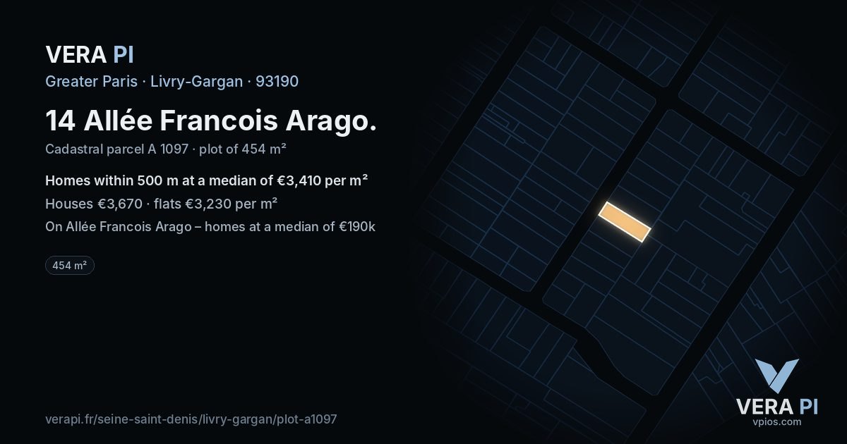 14 Allée Francois Arago, Livry-Gargan at night – the plot lit, the parcels around coloured by the prices near them