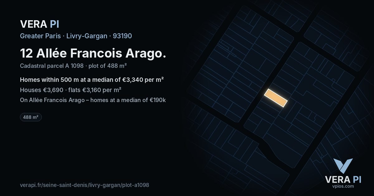 12 Allée Francois Arago, Livry-Gargan at night – the plot lit, the parcels around coloured by the prices near them