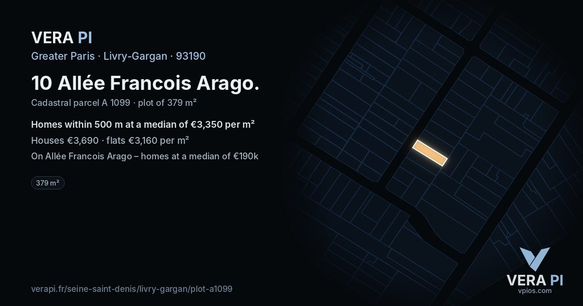 10 Allée Francois Arago, Livry-Gargan at night – the plot lit, the parcels around coloured by the prices near them