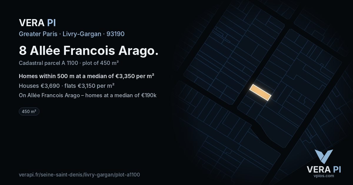 8 Allée Francois Arago, Livry-Gargan at night – the plot lit, the parcels around coloured by the prices near them