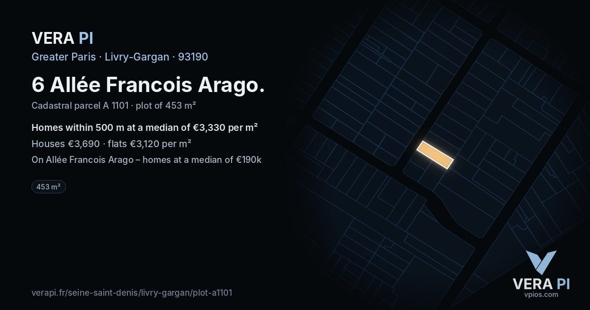 6 Allée Francois Arago, Livry-Gargan at night – the plot lit, the parcels around coloured by the prices near them