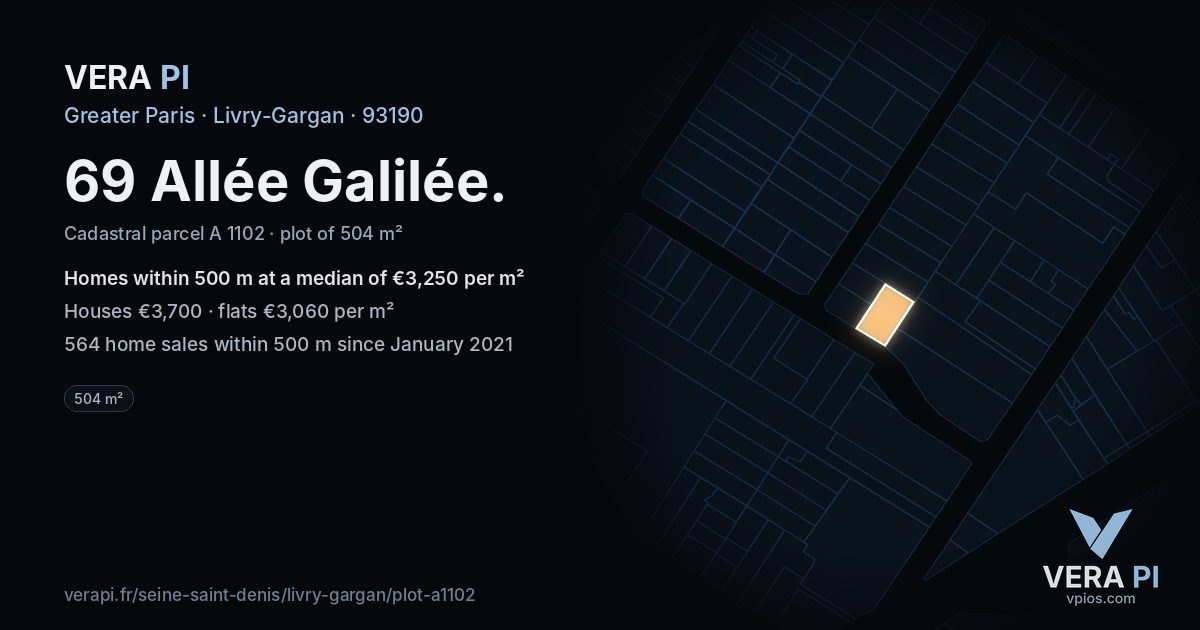69 Allée Galilée, Livry-Gargan at night – the plot lit, the parcels around coloured by the prices near them