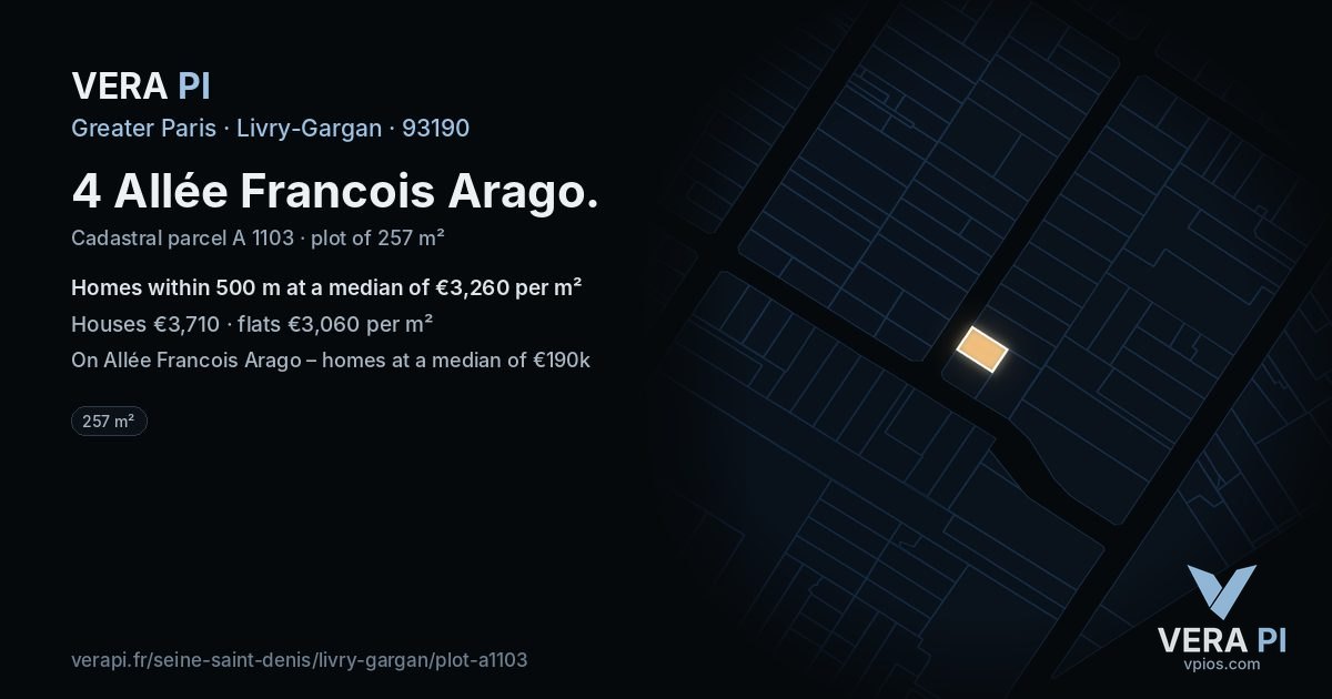 4 Allée Francois Arago, Livry-Gargan at night – the plot lit, the parcels around coloured by the prices near them