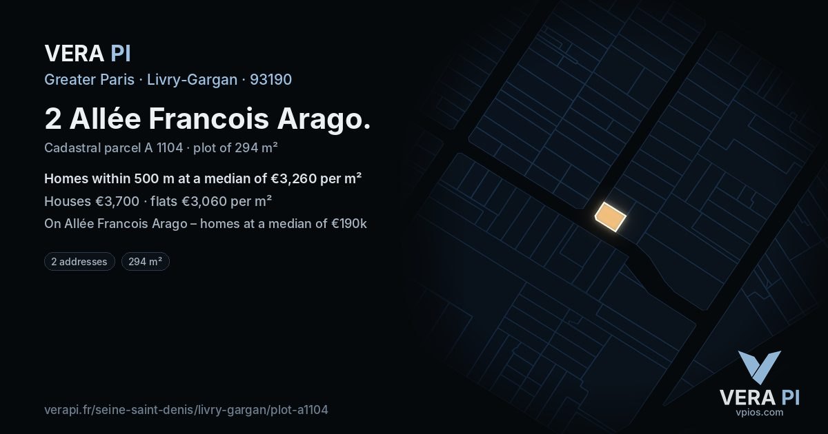2 Allée Francois Arago, Livry-Gargan at night – the plot lit, the parcels around coloured by the prices near them