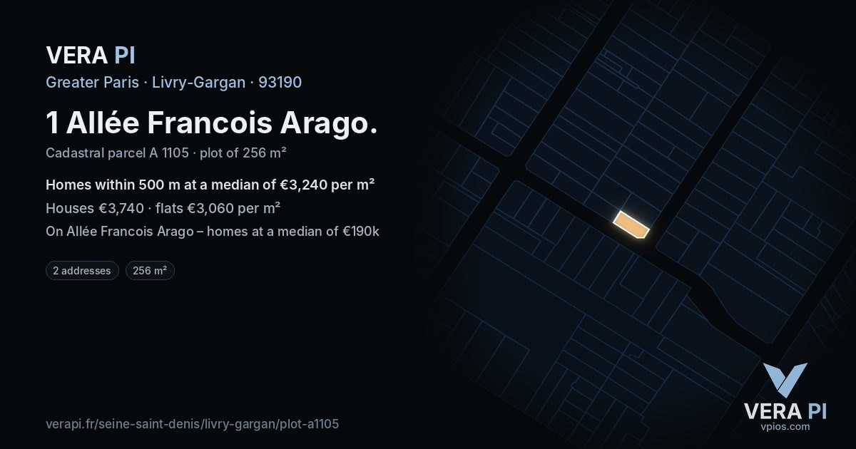 1 Allée Francois Arago, Livry-Gargan at night – the plot lit, the parcels around coloured by the prices near them