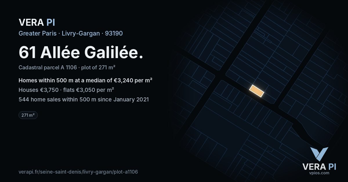 61 Allée Galilée, Livry-Gargan at night – the plot lit, the parcels around coloured by the prices near them