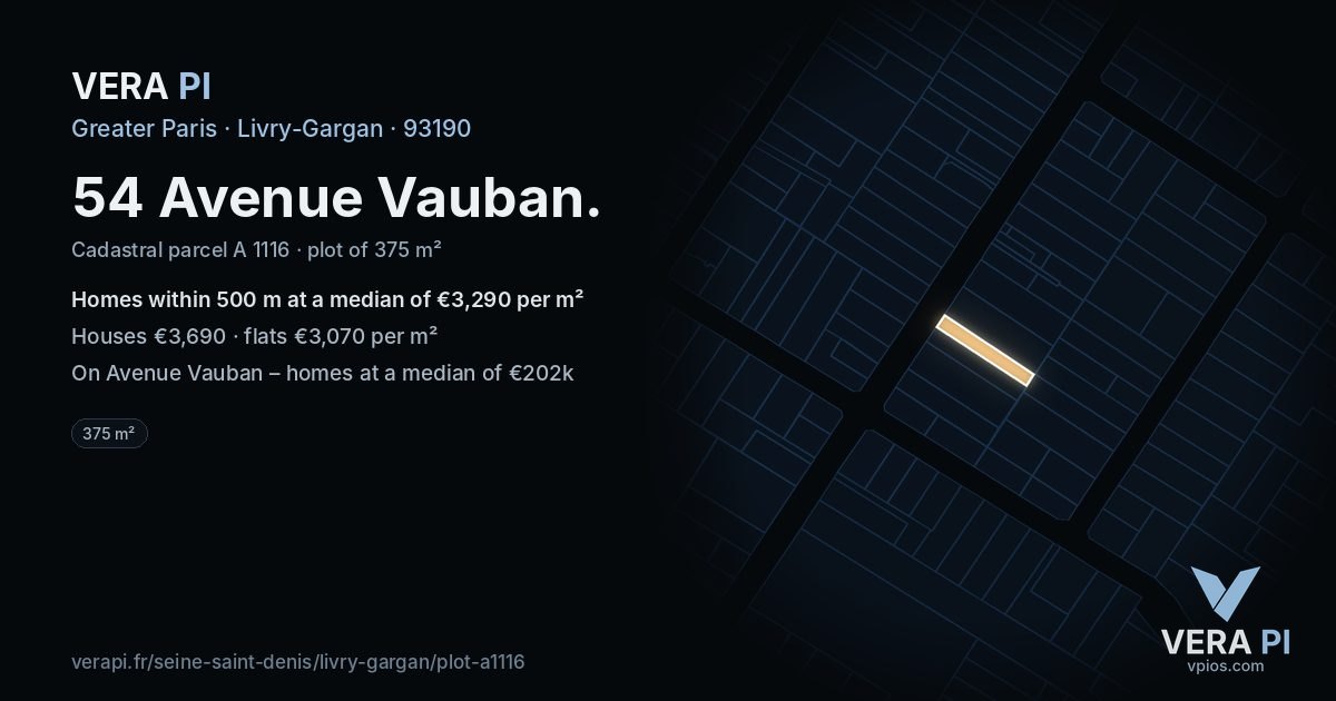 54 Avenue Vauban, Livry-Gargan at night – the plot lit, the parcels around coloured by the prices near them