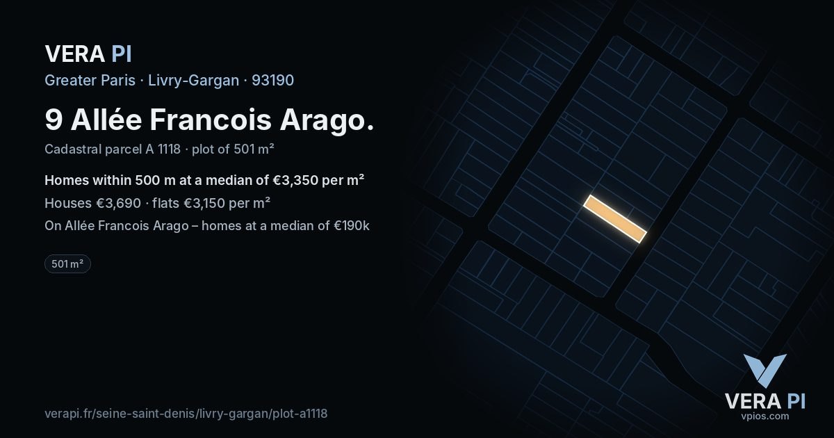 9 Allée Francois Arago, Livry-Gargan at night – the plot lit, the parcels around coloured by the prices near them