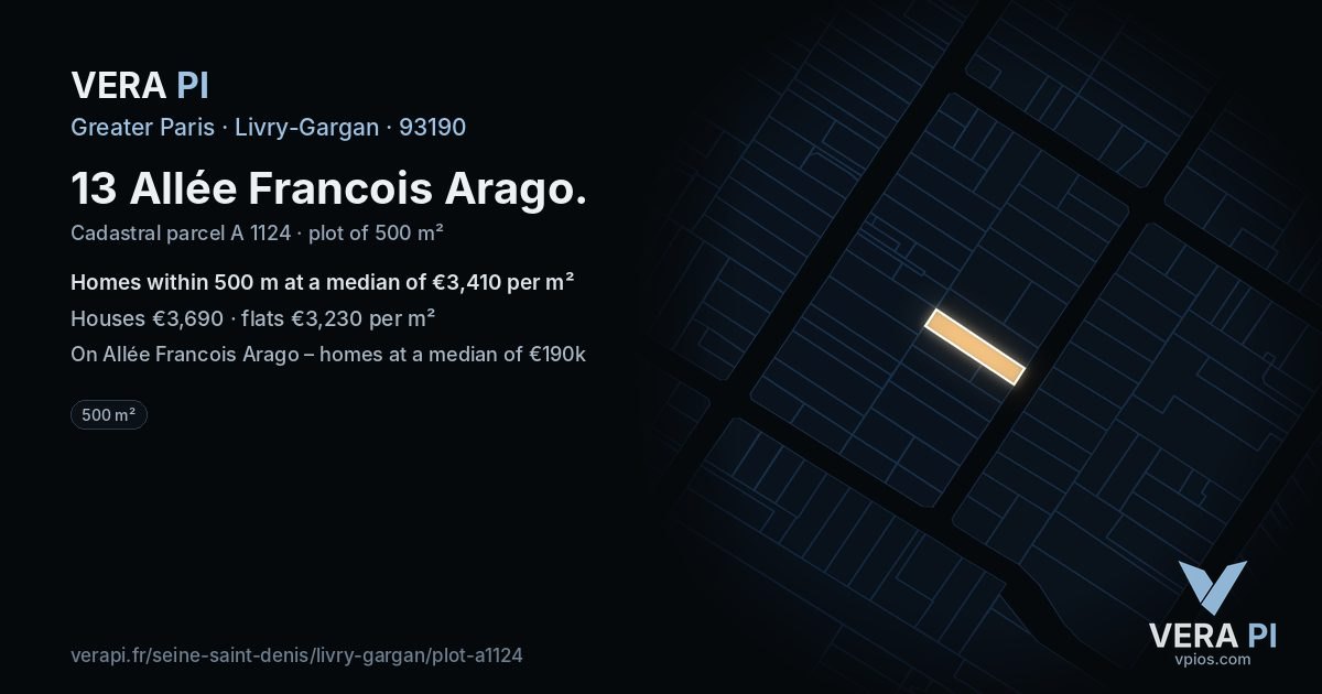 13 Allée Francois Arago, Livry-Gargan at night – the plot lit, the parcels around coloured by the prices near them