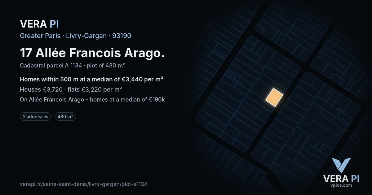 17 Allée Francois Arago, Livry-Gargan at night – the plot lit, the parcels around coloured by the prices near them