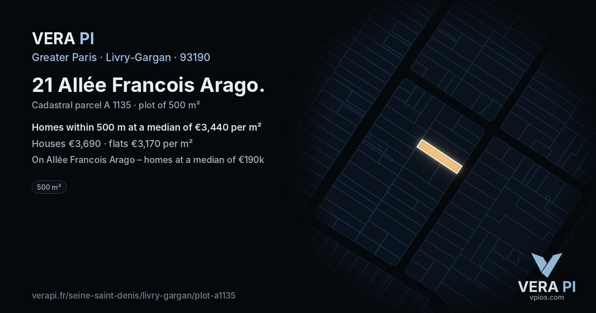21 Allée Francois Arago, Livry-Gargan at night – the plot lit, the parcels around coloured by the prices near them