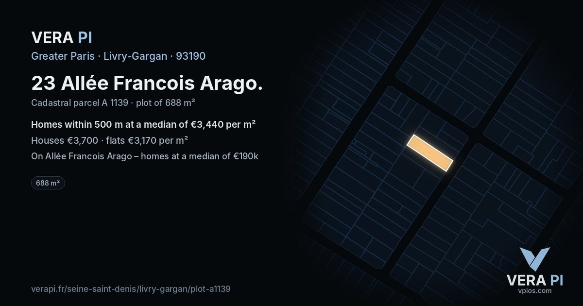 23 Allée Francois Arago, Livry-Gargan at night – the plot lit, the parcels around coloured by the prices near them