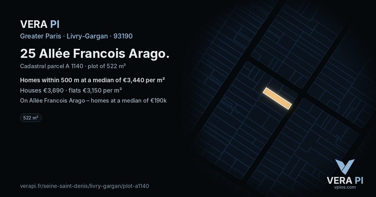 25 Allée Francois Arago, Livry-Gargan at night – the plot lit, the parcels around coloured by the prices near them