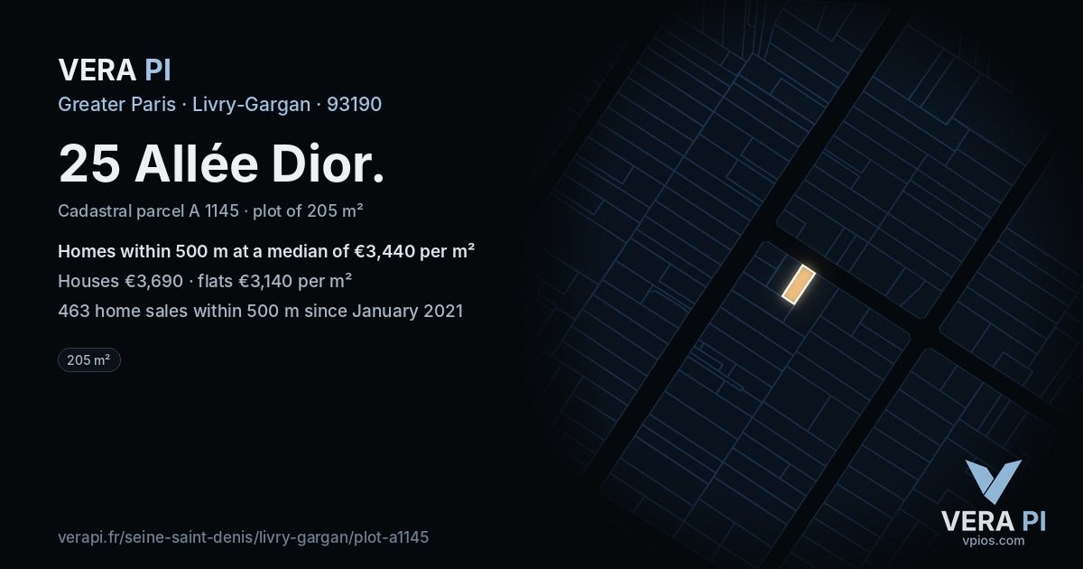 25 Allée Dior, Livry-Gargan at night – the plot lit, the parcels around coloured by the prices near them