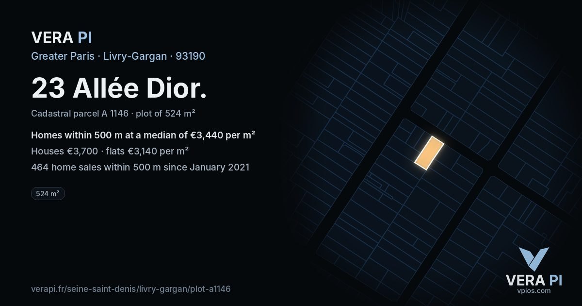 23 Allée Dior, Livry-Gargan at night – the plot lit, the parcels around coloured by the prices near them
