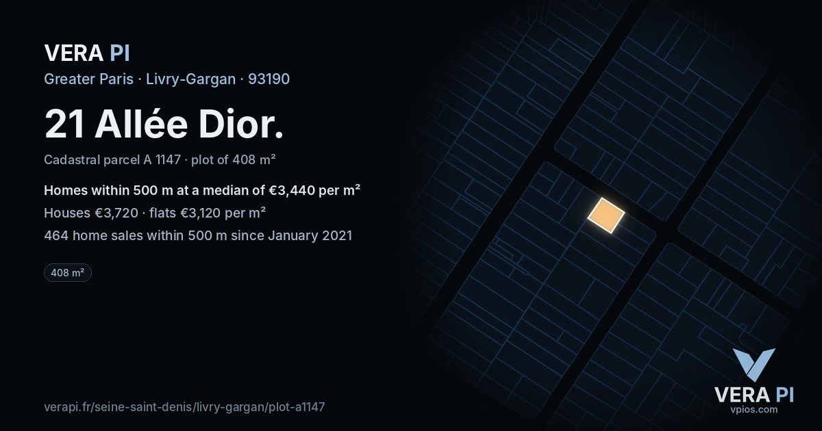 21 Allée Dior, Livry-Gargan at night – the plot lit, the parcels around coloured by the prices near them