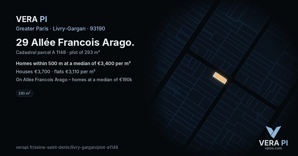 29 Allée Francois Arago, Livry-Gargan at night – the plot lit, the parcels around coloured by the prices near them
