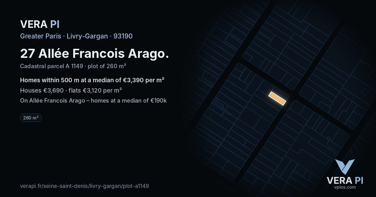 27 Allée Francois Arago, Livry-Gargan at night – the plot lit, the parcels around coloured by the prices near them