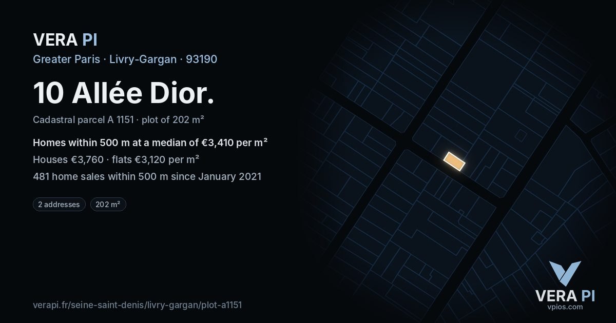 10 Allée Dior, Livry-Gargan at night – the plot lit, the parcels around coloured by the prices near them
