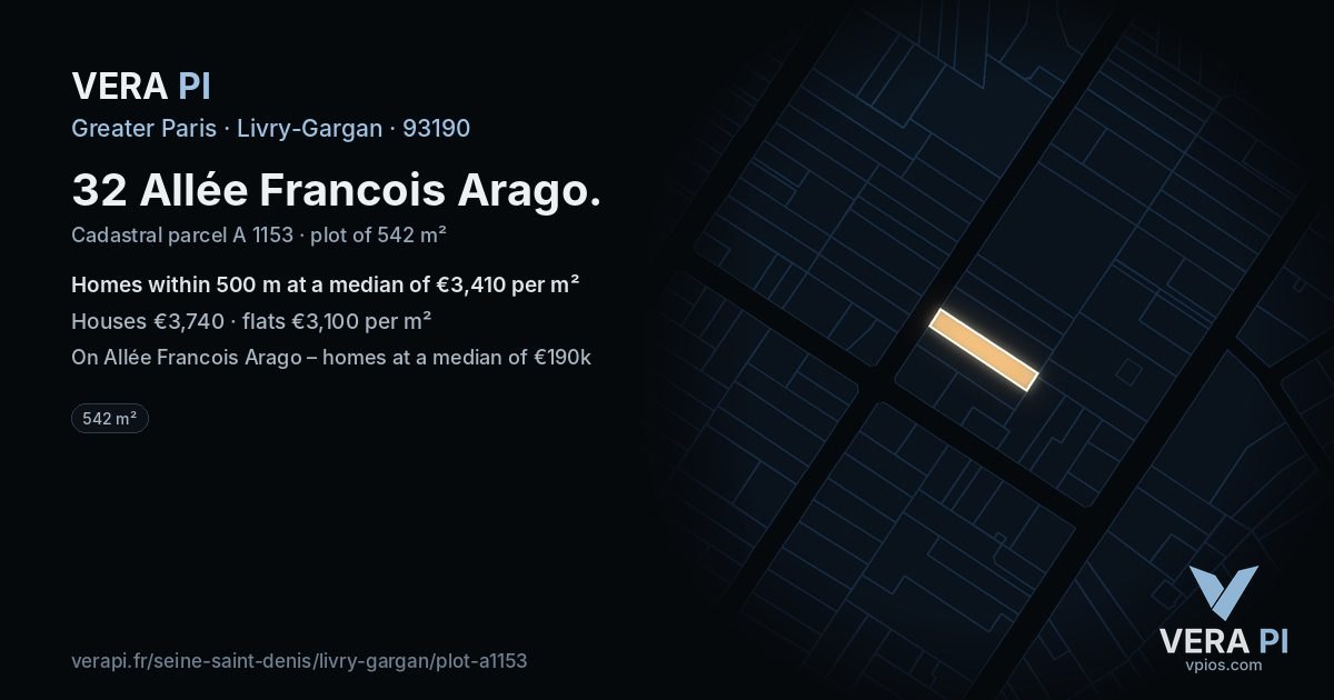 32 Allée Francois Arago, Livry-Gargan at night – the plot lit, the parcels around coloured by the prices near them