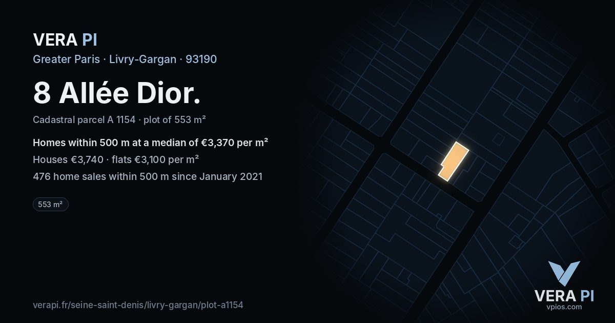 8 Allée Dior, Livry-Gargan at night – the plot lit, the parcels around coloured by the prices near them