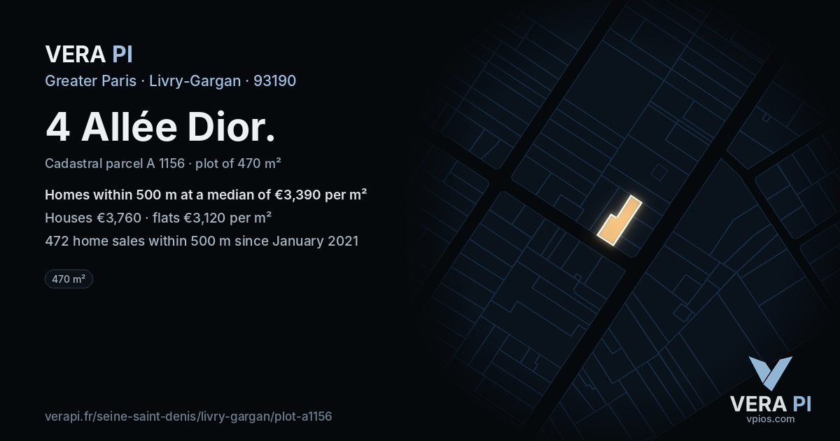 4 Allée Dior, Livry-Gargan at night – the plot lit, the parcels around coloured by the prices near them