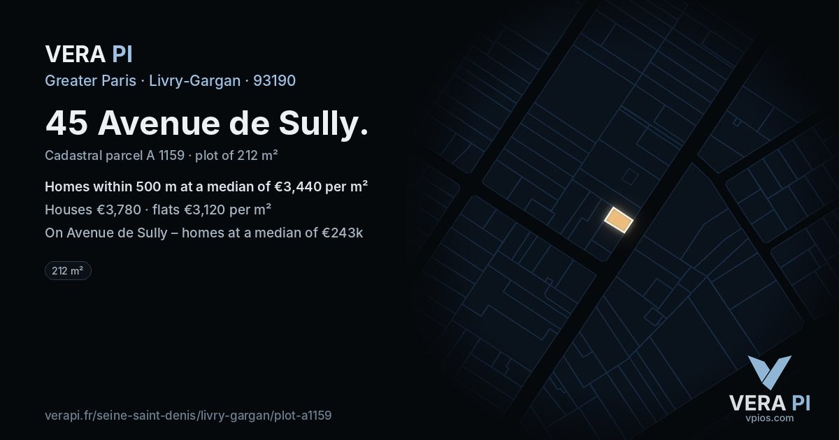 45 Avenue de Sully, Livry-Gargan at night – the plot lit, the parcels around coloured by the prices near them