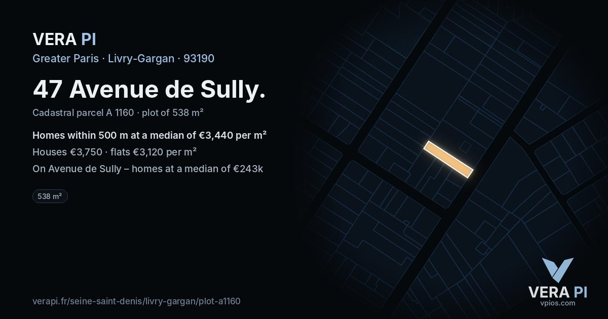 47 Avenue de Sully, Livry-Gargan at night – the plot lit, the parcels around coloured by the prices near them