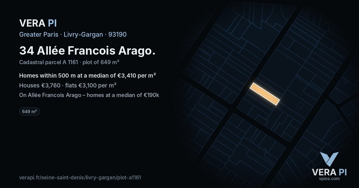 34 Allée Francois Arago, Livry-Gargan at night – the plot lit, the parcels around coloured by the prices near them