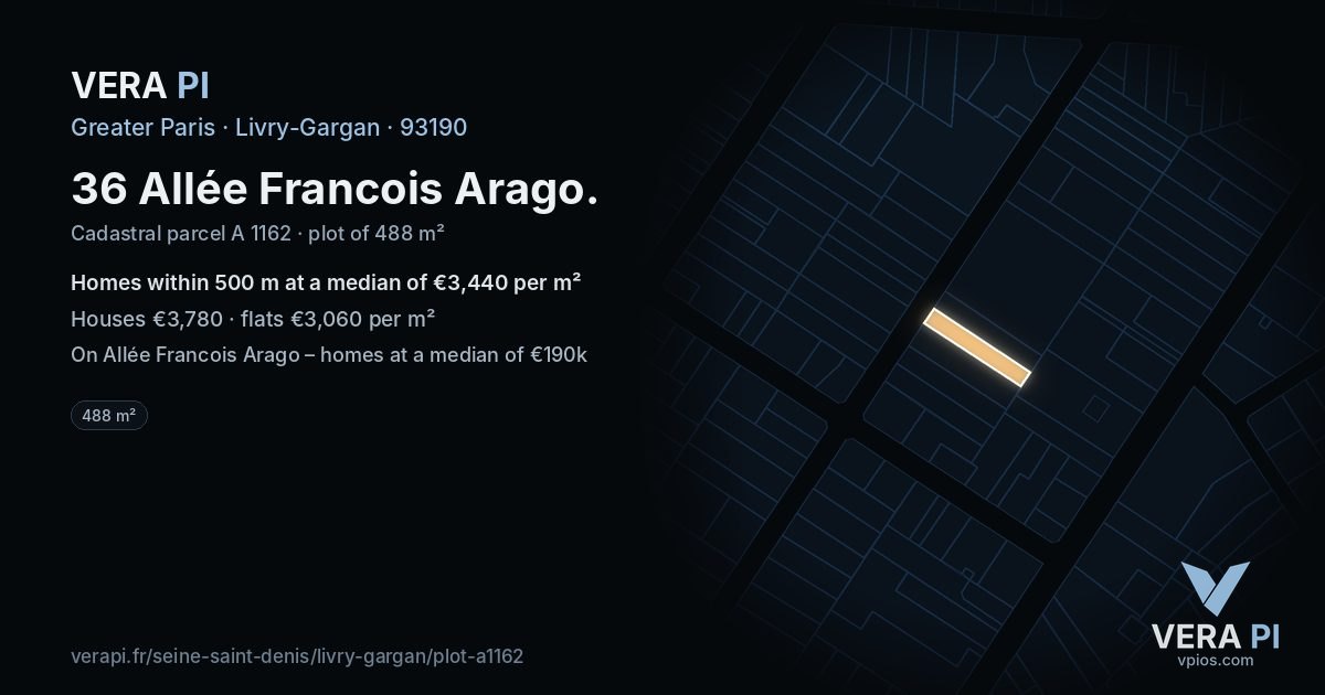 36 Allée Francois Arago, Livry-Gargan at night – the plot lit, the parcels around coloured by the prices near them