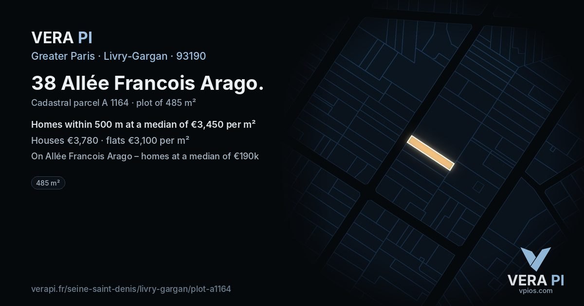 38 Allée Francois Arago, Livry-Gargan at night – the plot lit, the parcels around coloured by the prices near them