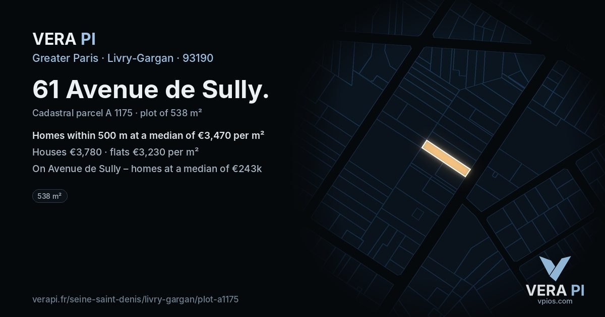 61 Avenue de Sully, Livry-Gargan at night – the plot lit, the parcels around coloured by the prices near them