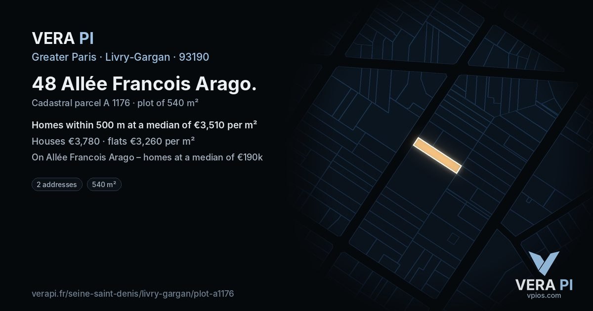 48 Allée Francois Arago, Livry-Gargan at night – the plot lit, the parcels around coloured by the prices near them