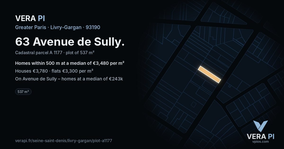 63 Avenue de Sully, Livry-Gargan at night – the plot lit, the parcels around coloured by the prices near them