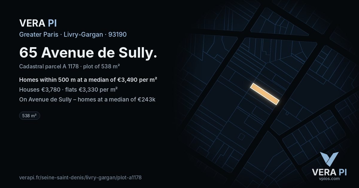 65 Avenue de Sully, Livry-Gargan at night – the plot lit, the parcels around coloured by the prices near them