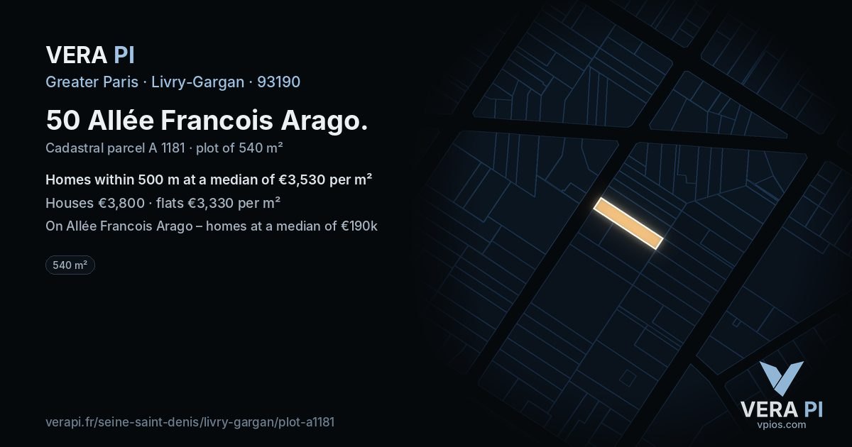 50 Allée Francois Arago, Livry-Gargan at night – the plot lit, the parcels around coloured by the prices near them