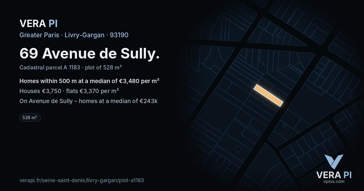 69 Avenue de Sully, Livry-Gargan at night – the plot lit, the parcels around coloured by the prices near them