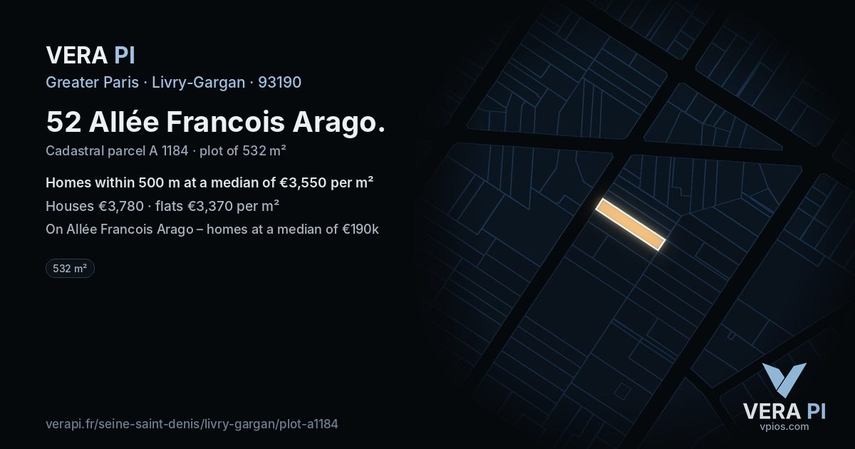 52 Allée Francois Arago, Livry-Gargan at night – the plot lit, the parcels around coloured by the prices near them