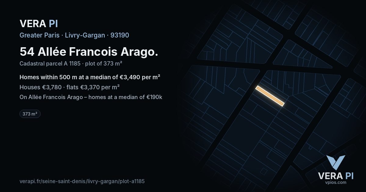 54 Allée Francois Arago, Livry-Gargan at night – the plot lit, the parcels around coloured by the prices near them