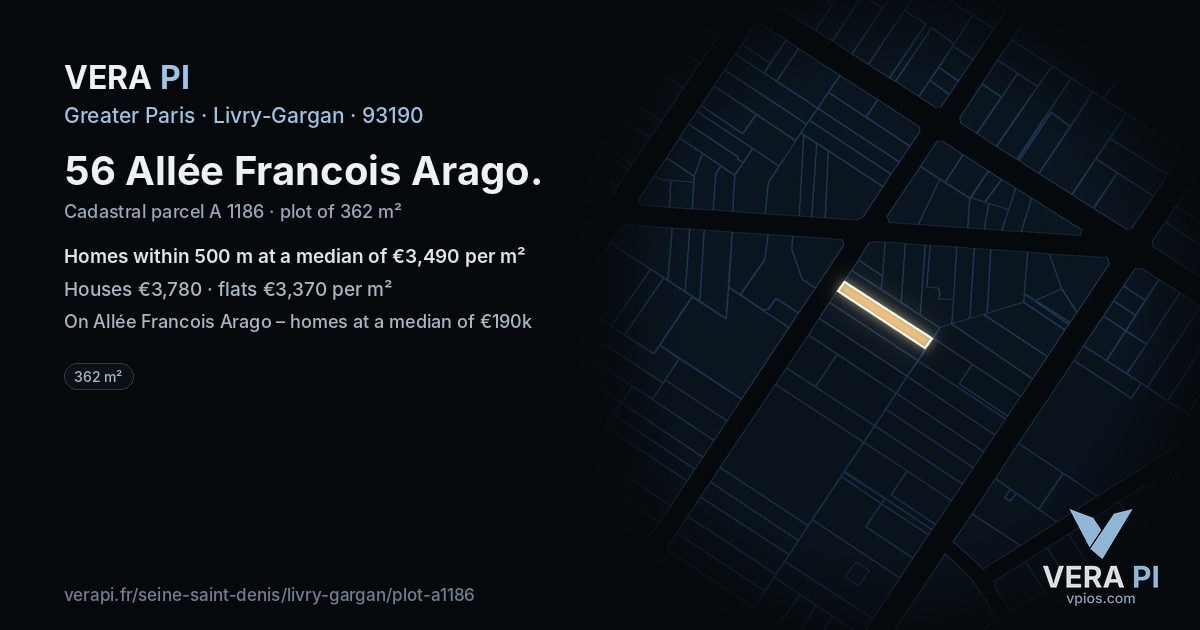56 Allée Francois Arago, Livry-Gargan at night – the plot lit, the parcels around coloured by the prices near them