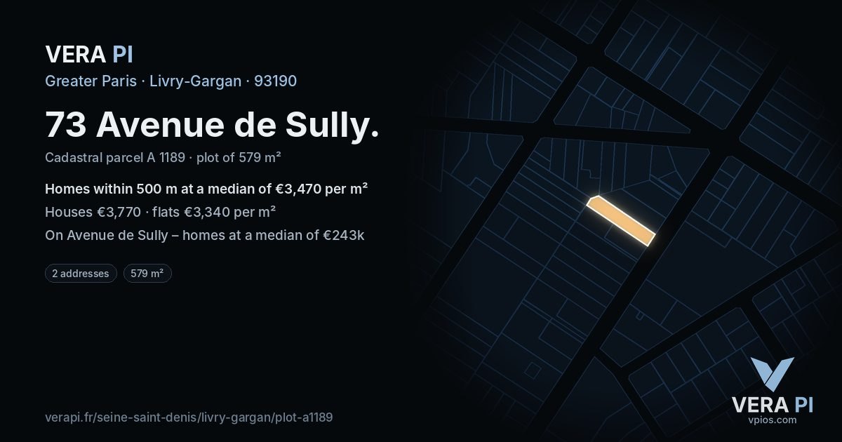 73 Avenue de Sully, Livry-Gargan at night – the plot lit, the parcels around coloured by the prices near them