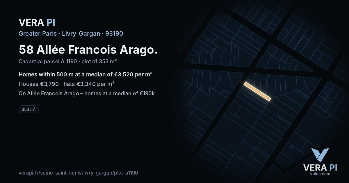 58 Allée Francois Arago, Livry-Gargan at night – the plot lit, the parcels around coloured by the prices near them