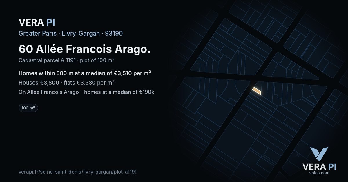 60 Allée Francois Arago, Livry-Gargan at night – the plot lit, the parcels around coloured by the prices near them