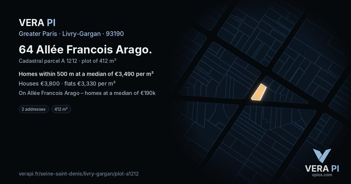 64 Allée Francois Arago, Livry-Gargan at night – the plot lit, the parcels around coloured by the prices near them