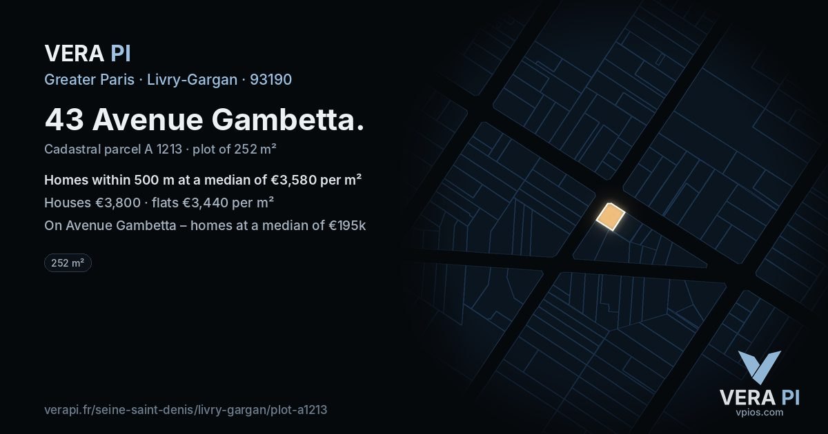 43 Avenue Gambetta, Livry-Gargan at night – the plot lit, the parcels around coloured by the prices near them