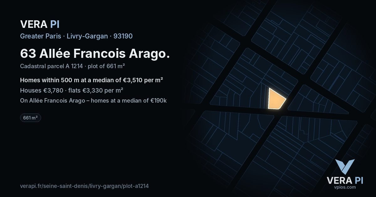 63 Allée Francois Arago, Livry-Gargan at night – the plot lit, the parcels around coloured by the prices near them